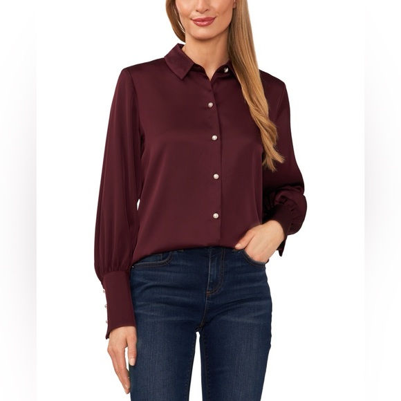 NEW CECE Luxe Satin Faux Pearl Button Down Blouse In Rich Cabernet Size M - Picture 1 of 9